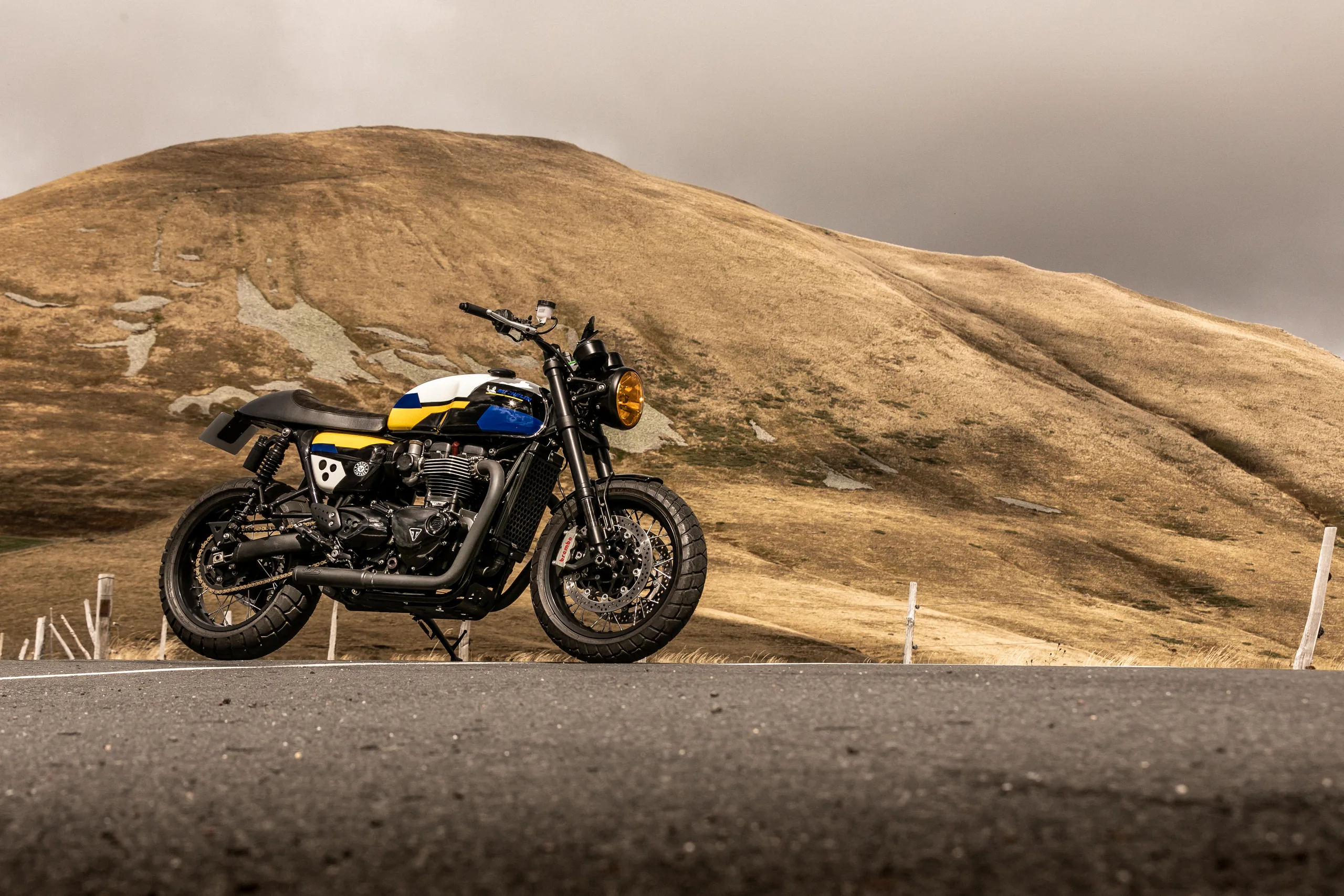 Triumph Thruxton Roadster Classic FCR Original noire, bleue et jaune au pied d'une colline dorée