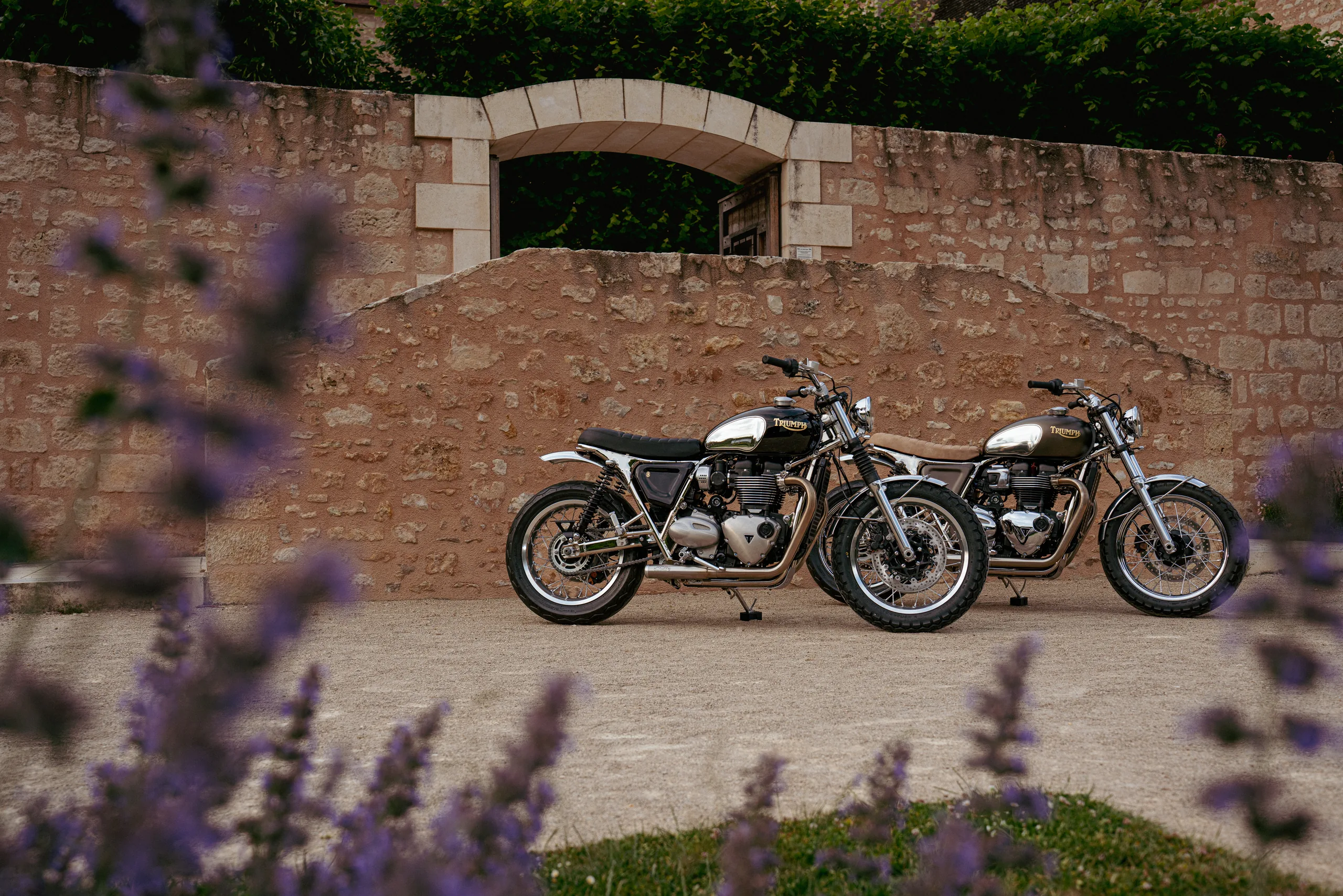 Deux Triumph Ride & Chrome FCR Original devant un mur en pierre avec lavande au premier plan