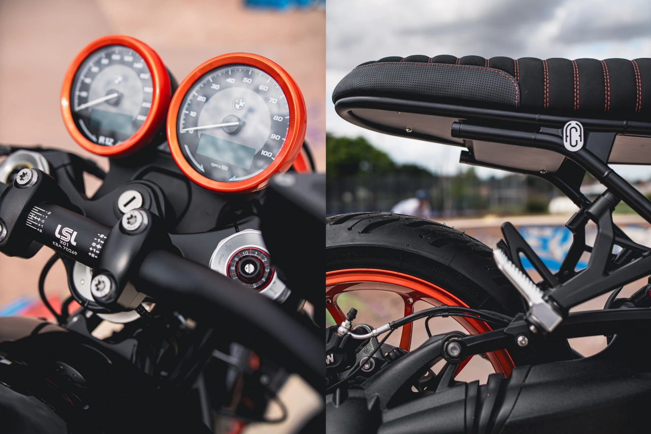 Détail du poste de pilotage BMW R12 NineT FCR Original avec compteurs orange