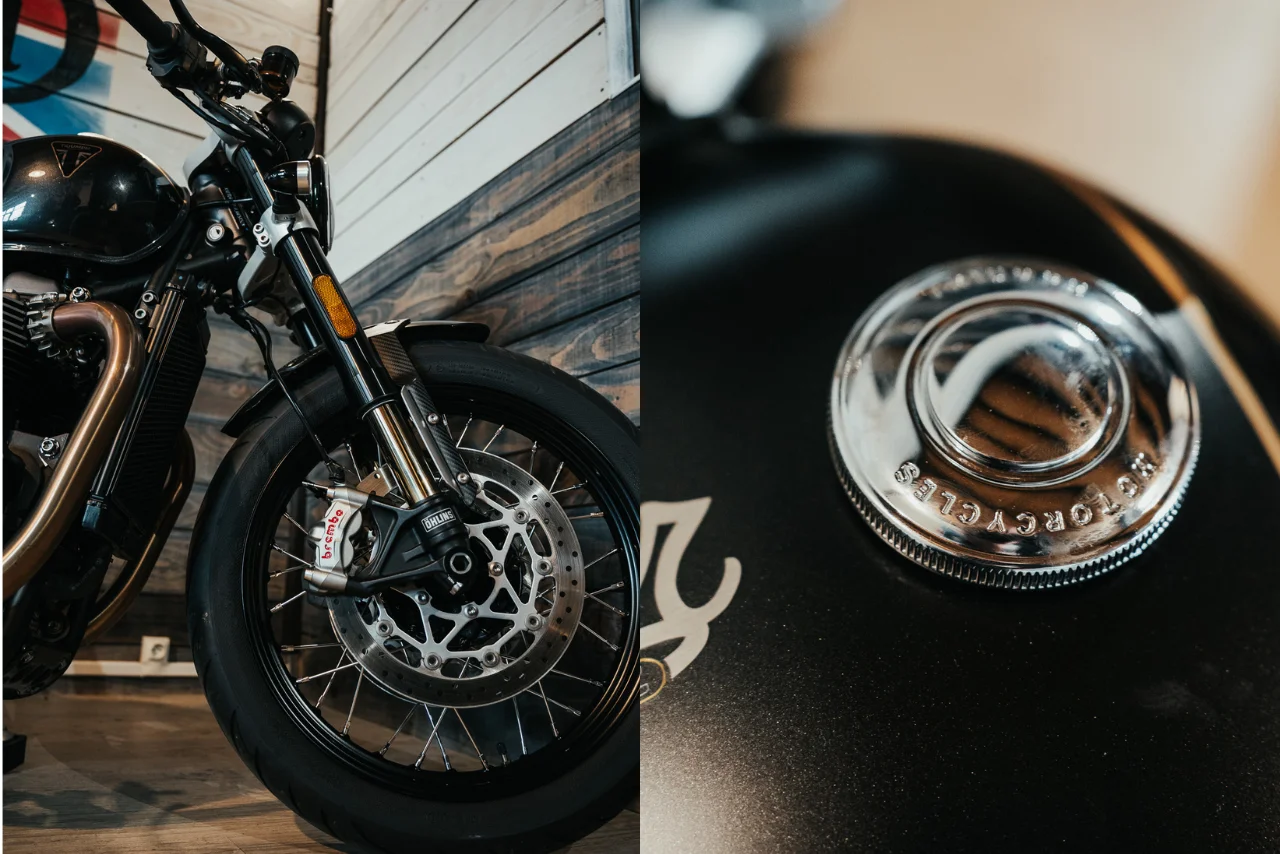 Frein avant Brembo M50 et fourche haut de gamme Öhlins de la Triumph Bobber 1200 TFC