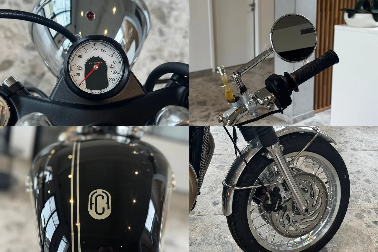 Détails du poste de pilotage – compteur Motogadget Tiny, guidon chromé et finitions FCR Original