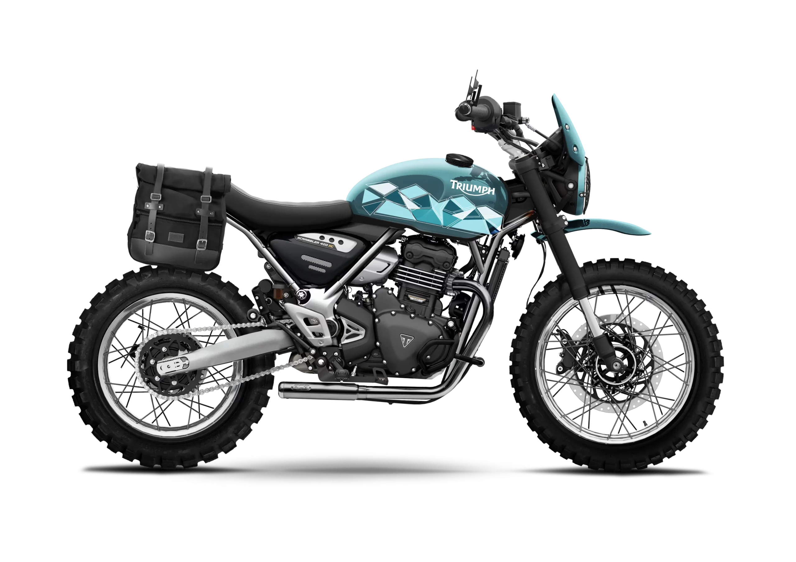 Triumph Speed 400 XC Scrambler Escape Ice Blue prepared by FCR Original, equipped with off-road tires, engine mount, high headlight with rally cap and side bag, decorated with a blue geometric pattern.