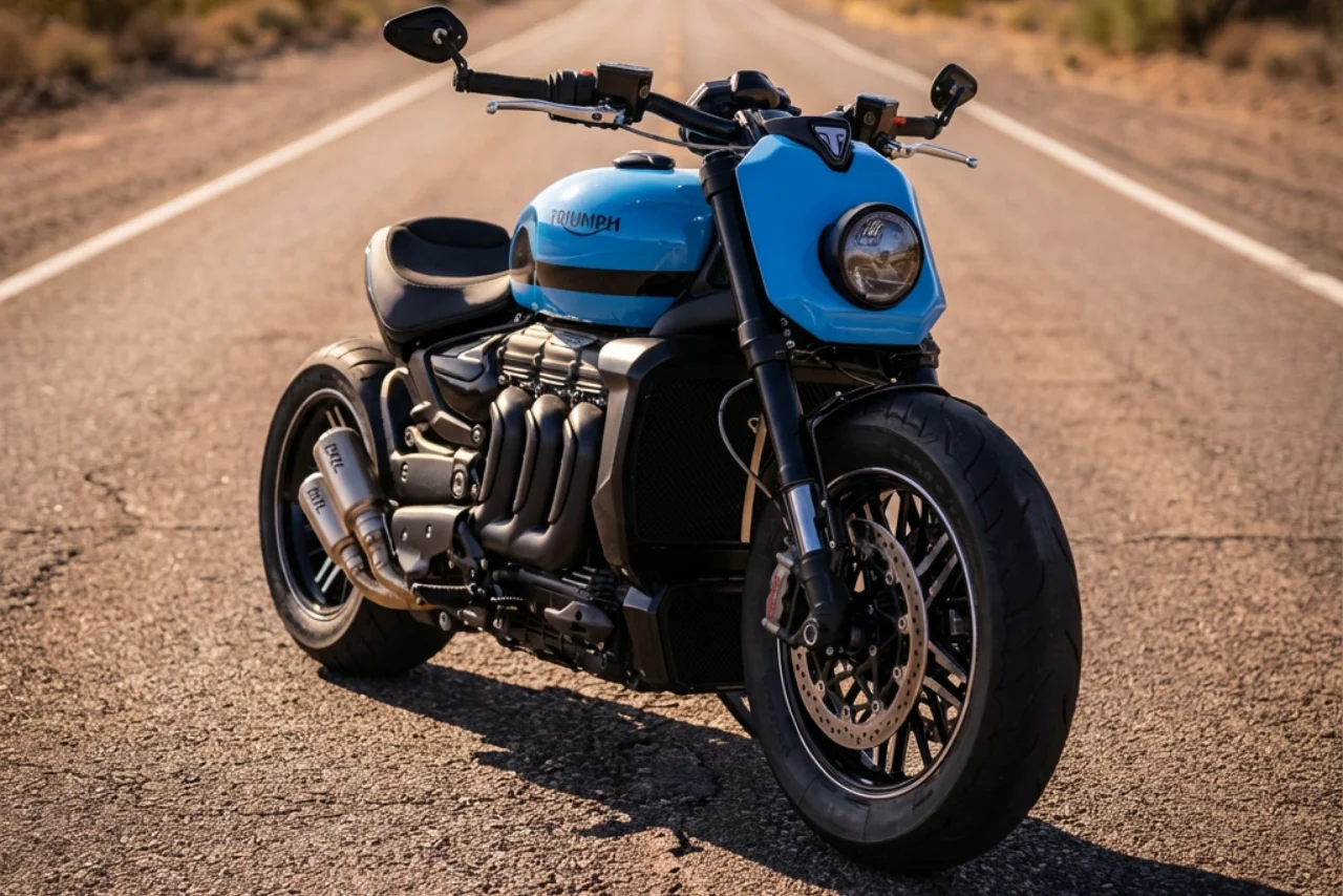 Triumph Rocket 3 préparée par FCR Original, vue avant trois-quarts sur route, réservoir Bleu Lamborghini, phare rond, jantes Rotobox et préparation custom haut de gamme