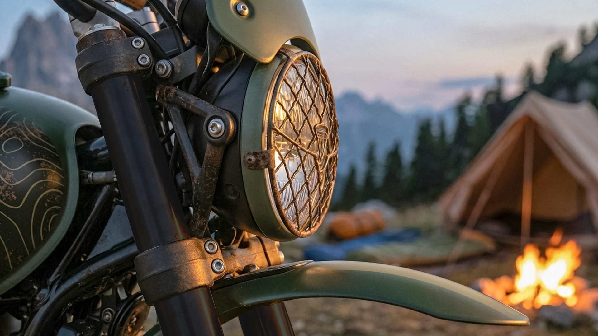 Phare du Triumph Scrambler 400 XC Montagne avec grille de protection, ambiance feu de camp et sommets alpins