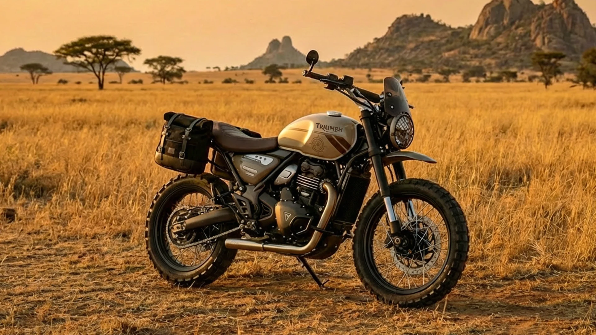 Triumph Scrambler 400 XC Escape beige dans la savane au coucher du soleil, équipée de sacoches Adventure