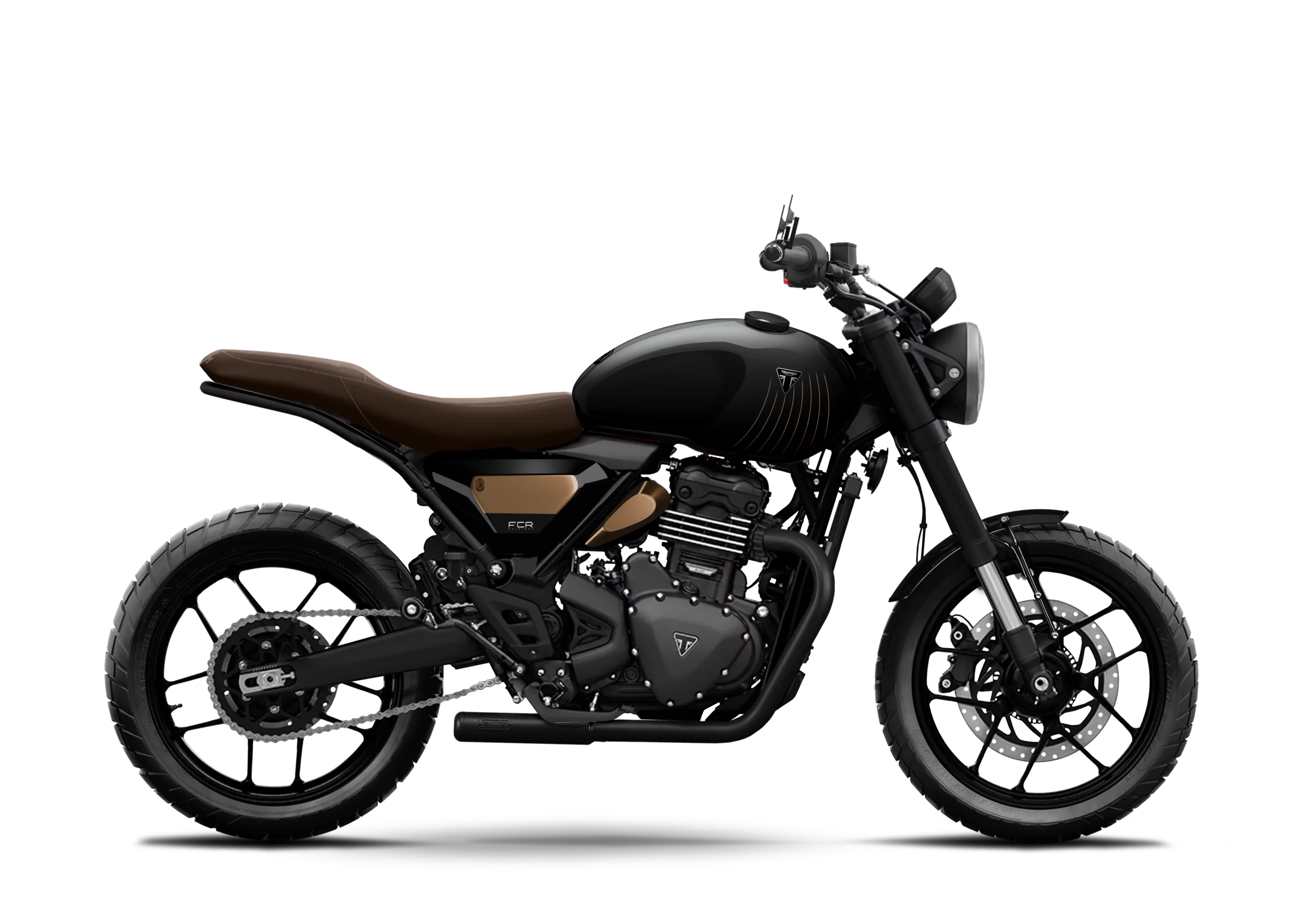 Triumph Speed 400 Pulse FCR Original in full black with bronze details and dark brown seat.