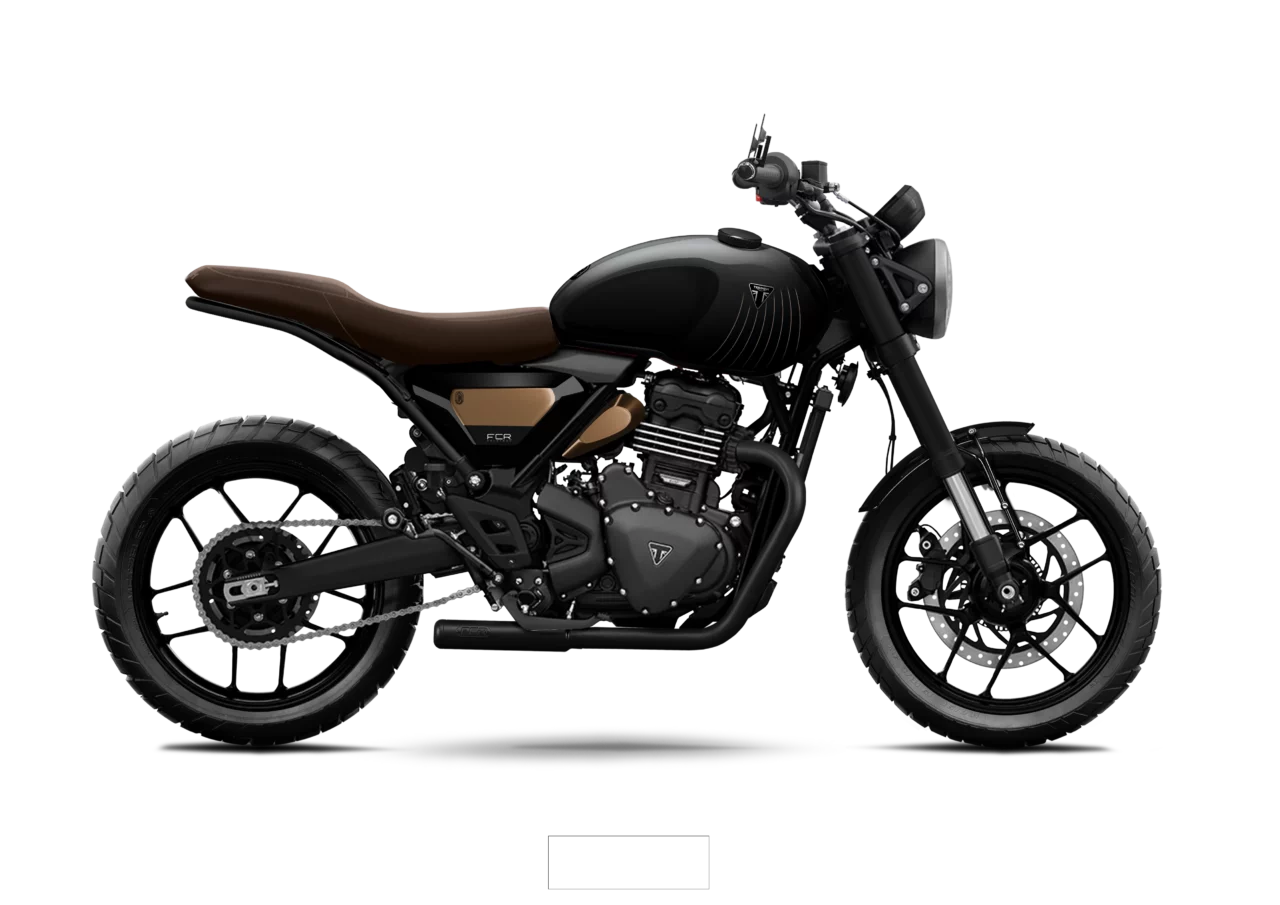 Triumph Speed 400 Pulse FCR Original en version full black avec détails bronze et selle marron foncé.