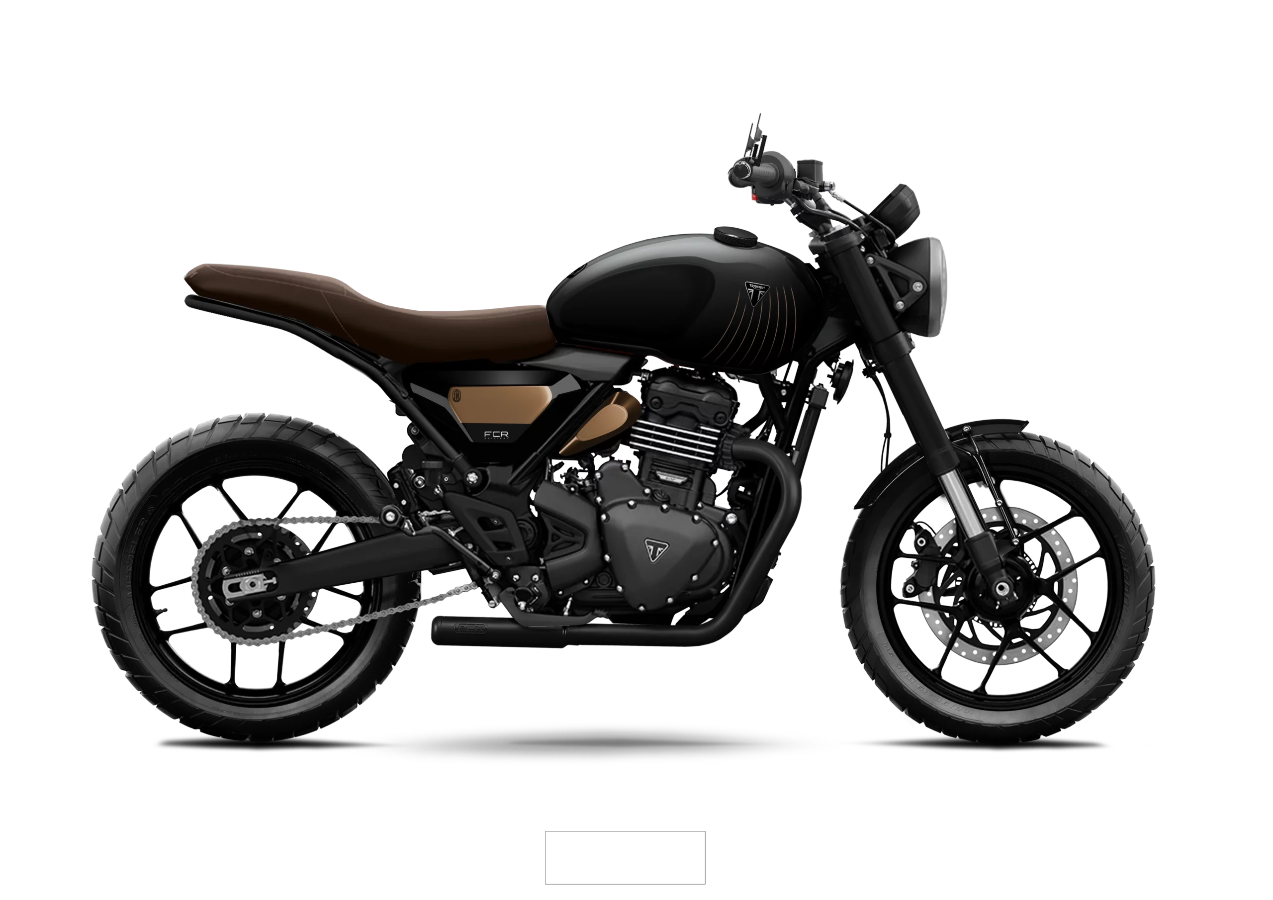Triumph Speed 400 Pulse FCR Original en version full black avec détails bronze et selle marron foncé.