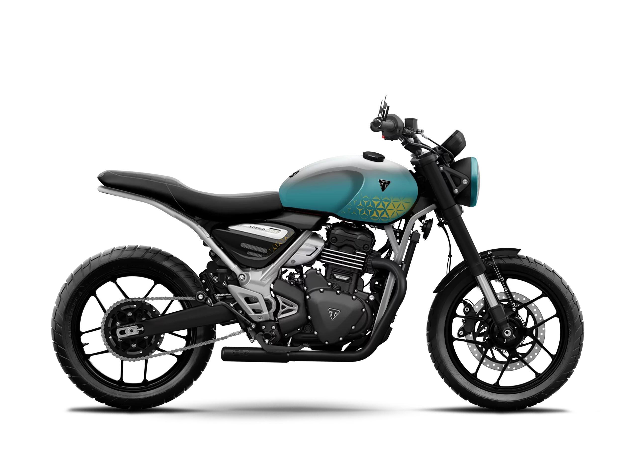 Triumph Speed 400 Pulse custom by FCR Original in gradient blue livery with gold geometric pattern and black saddle.