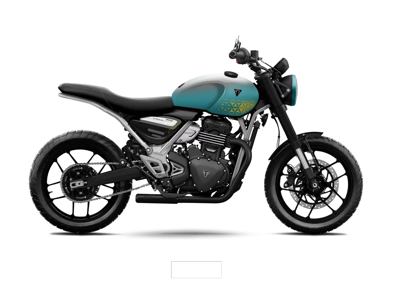 Triumph Speed 400 Pulse custom par FCR Original en livrée bleu dégradé avec motifs géométriques dorés et selle noire.