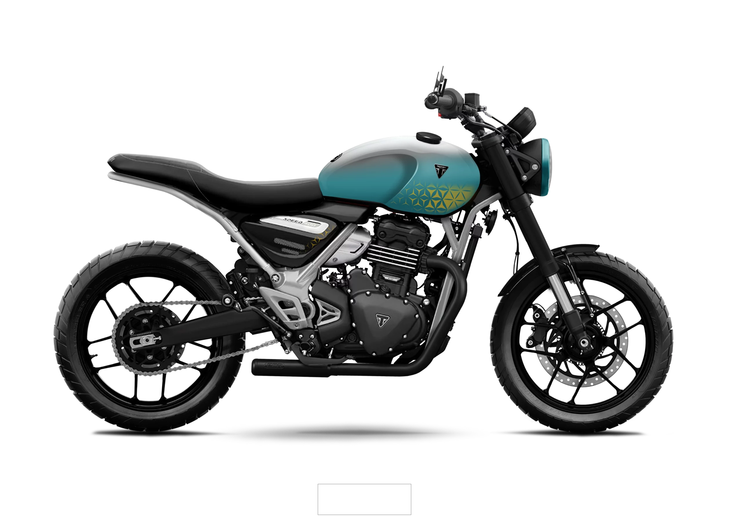 Triumph Speed 400 Pulse custom par FCR Original en livrée bleu dégradé avec motifs géométriques dorés et selle noire.