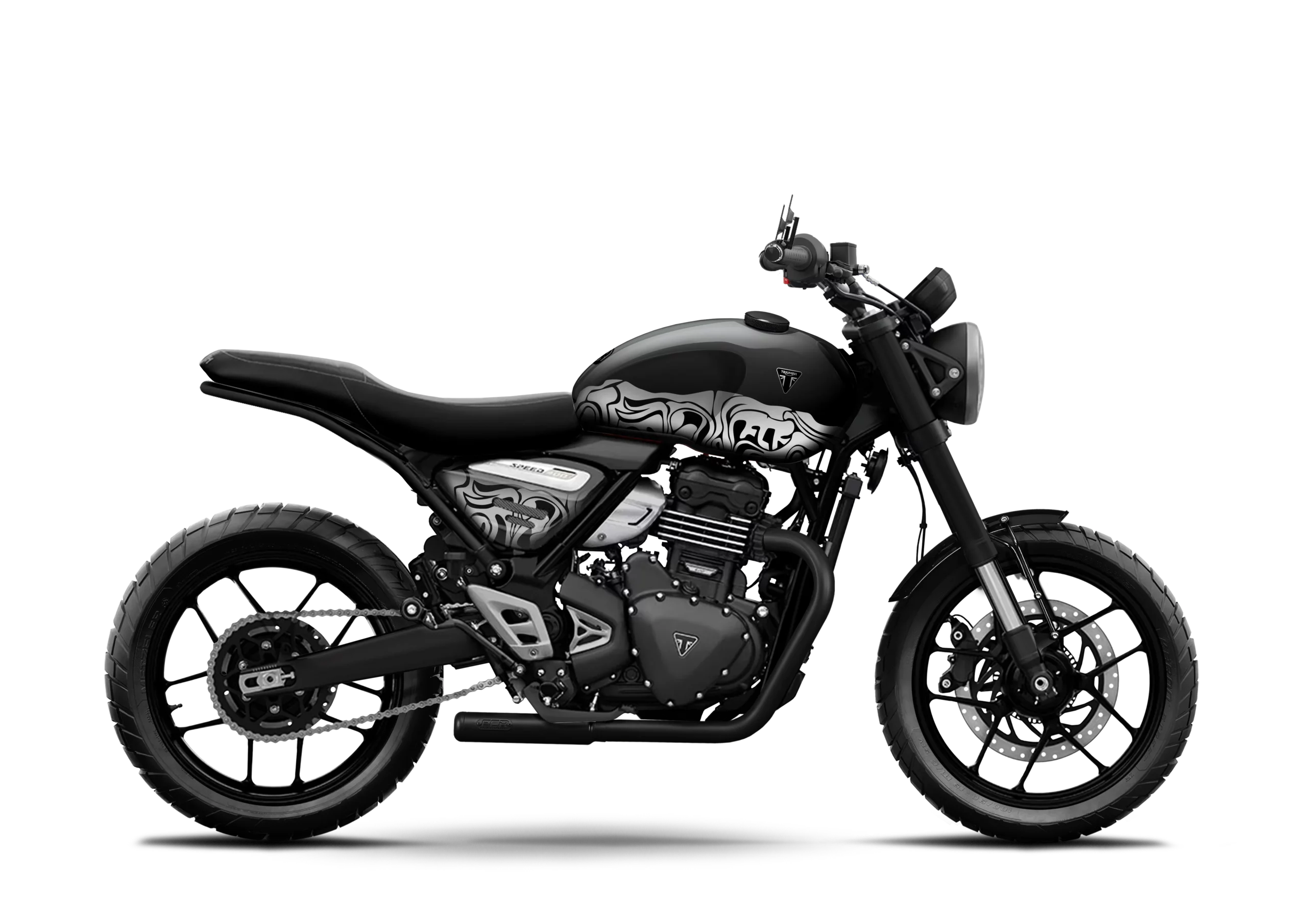 Triumph Speed 400 Pulse prepared by FCR Original with gray tank, gold-yellow frame and black Triumph graphics.