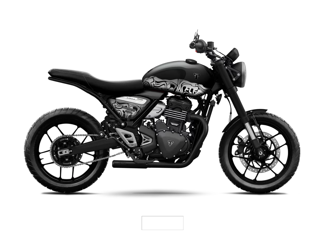 Triumph Speed 400 Pulse préparée par FCR Original avec peinture noire et graphismes tribaux argentés.