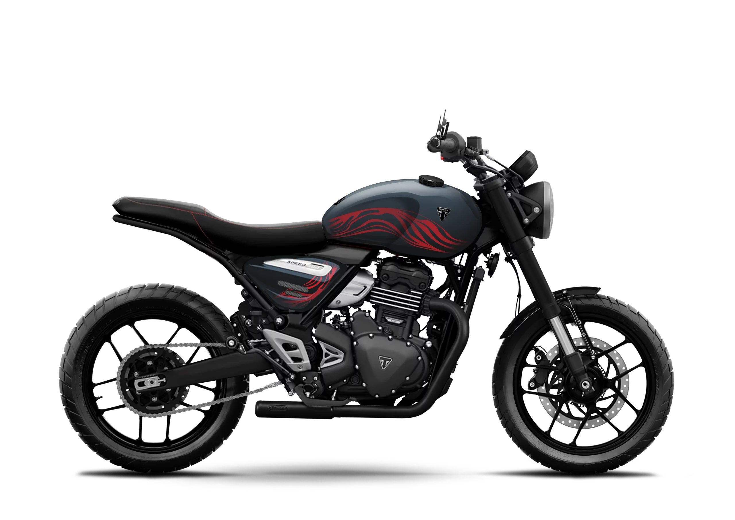 Triumph Speed 400 Pulse FCR Original in blue-grey with dynamic red pattern and black saddle.