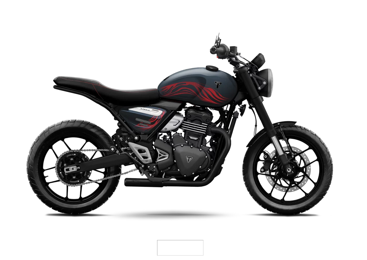 Triumph Speed 400 Pulse FCR Original en teinte bleu gris avec motifs rouges dynamiques et selle noire.