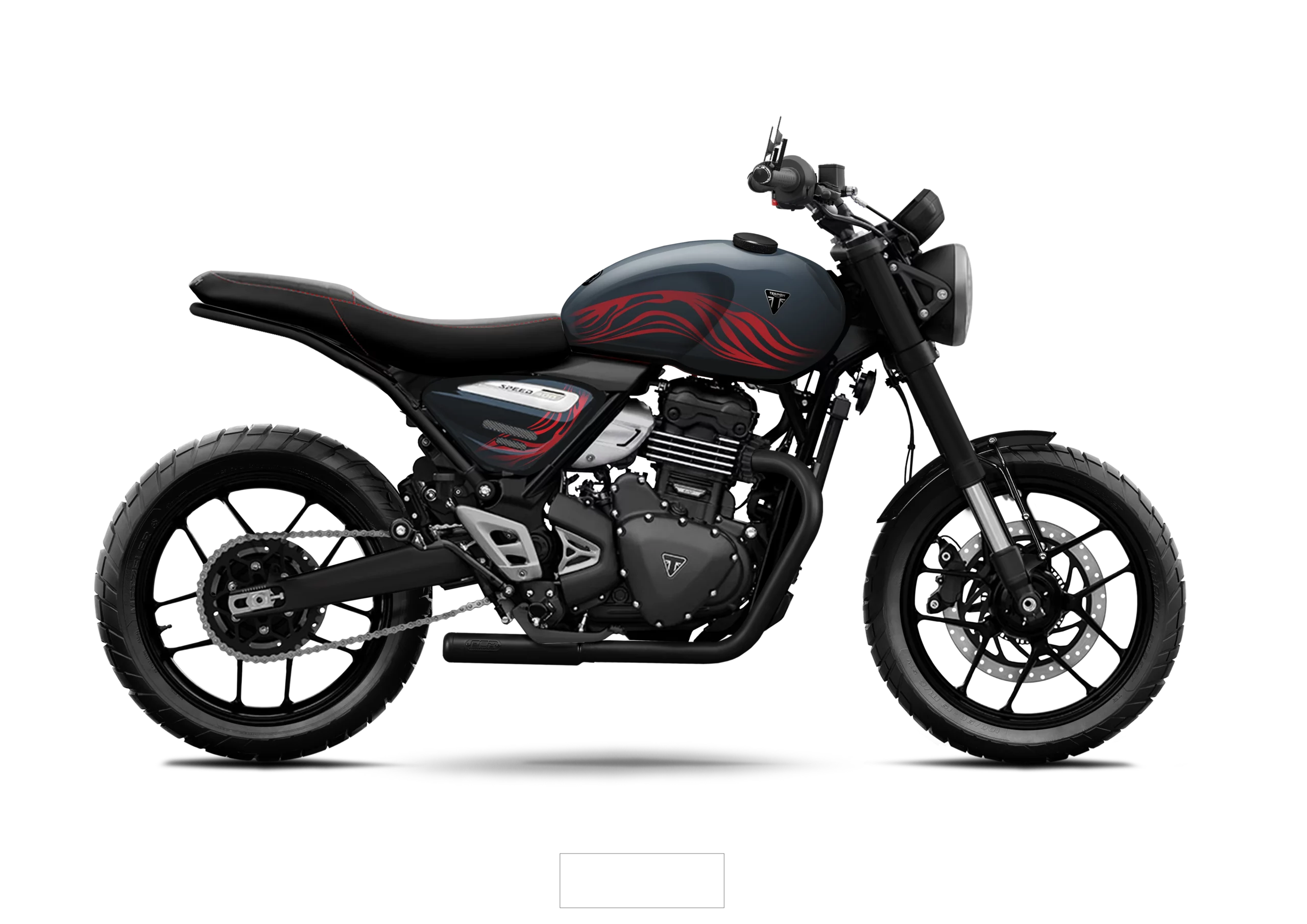 Triumph Speed 400 Pulse FCR Original en teinte bleu gris avec motifs rouges dynamiques et selle noire.