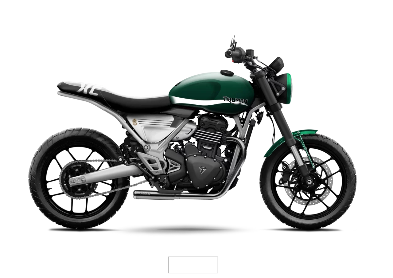 Triumph Speed 400 Pulse préparée par FCR Original en livrée British Racing Green avec selle noire et bande blanche.