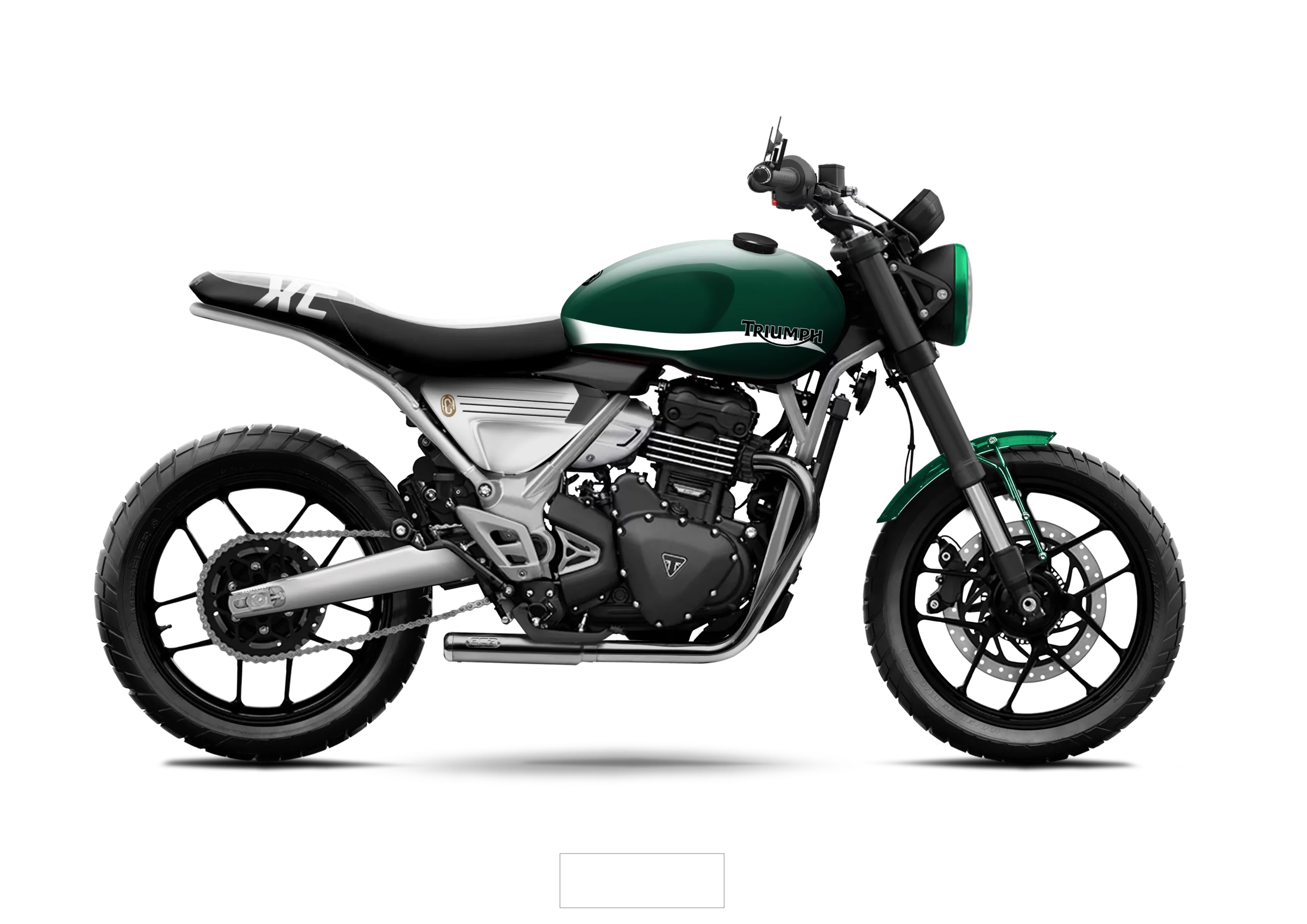 Triumph Speed 400 Pulse préparée par FCR Original en livrée British Racing Green avec selle noire et bande blanche.