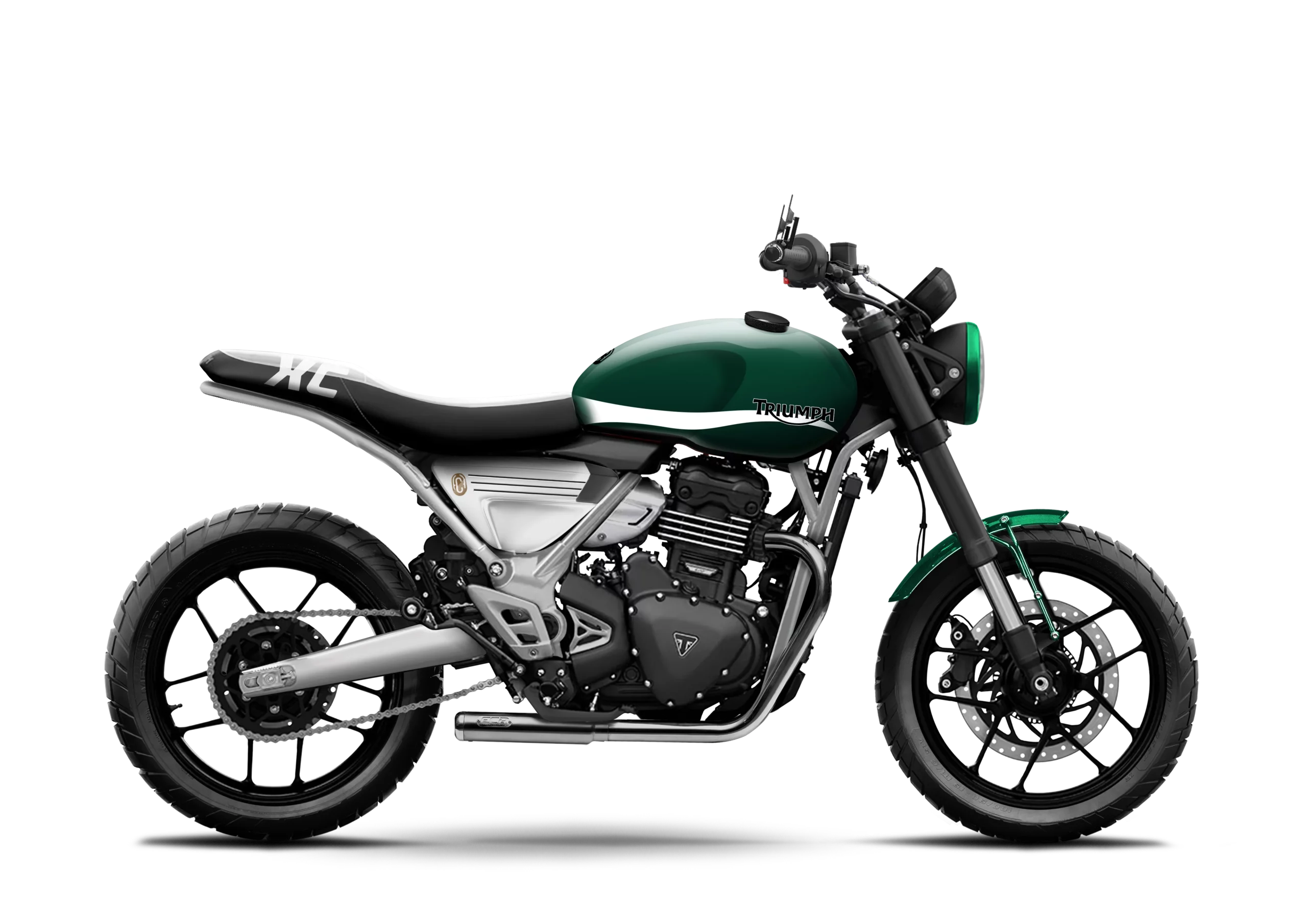 Triumph Speed 400 Pulse prepared by FCR Original in British Racing Green livery with black saddle and white stripe.
