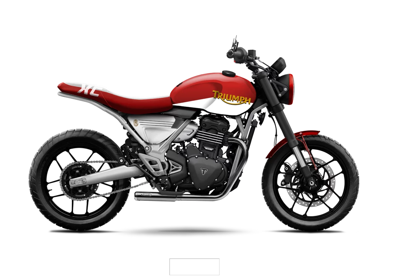 Triumph Speed 400 Pulse FCR Original en coloris rouge classique avec logo Triumph jaune et selle rouge assortie.