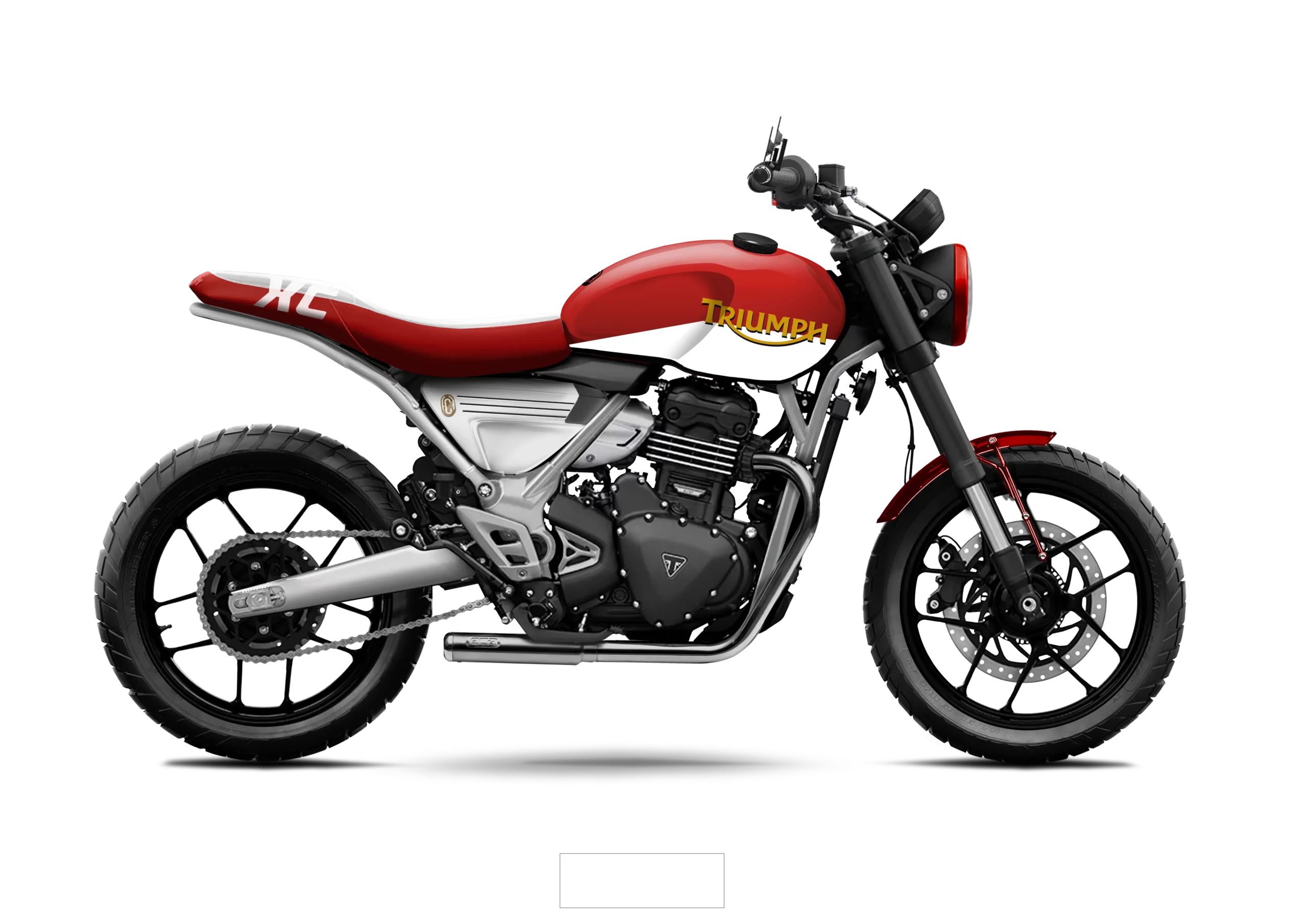 Triumph Speed 400 Pulse FCR Original en coloris rouge classique avec logo Triumph jaune et selle rouge assortie.