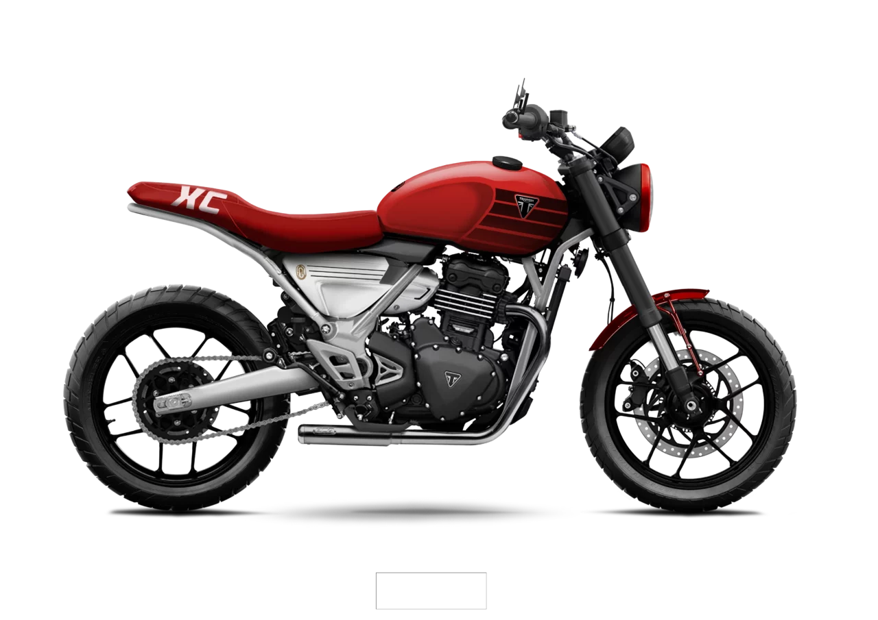 Triumph Speed 400 Pulse customisée par FCR Original en peinture rouge racing avec graphismes noirs et selle XC rouge.