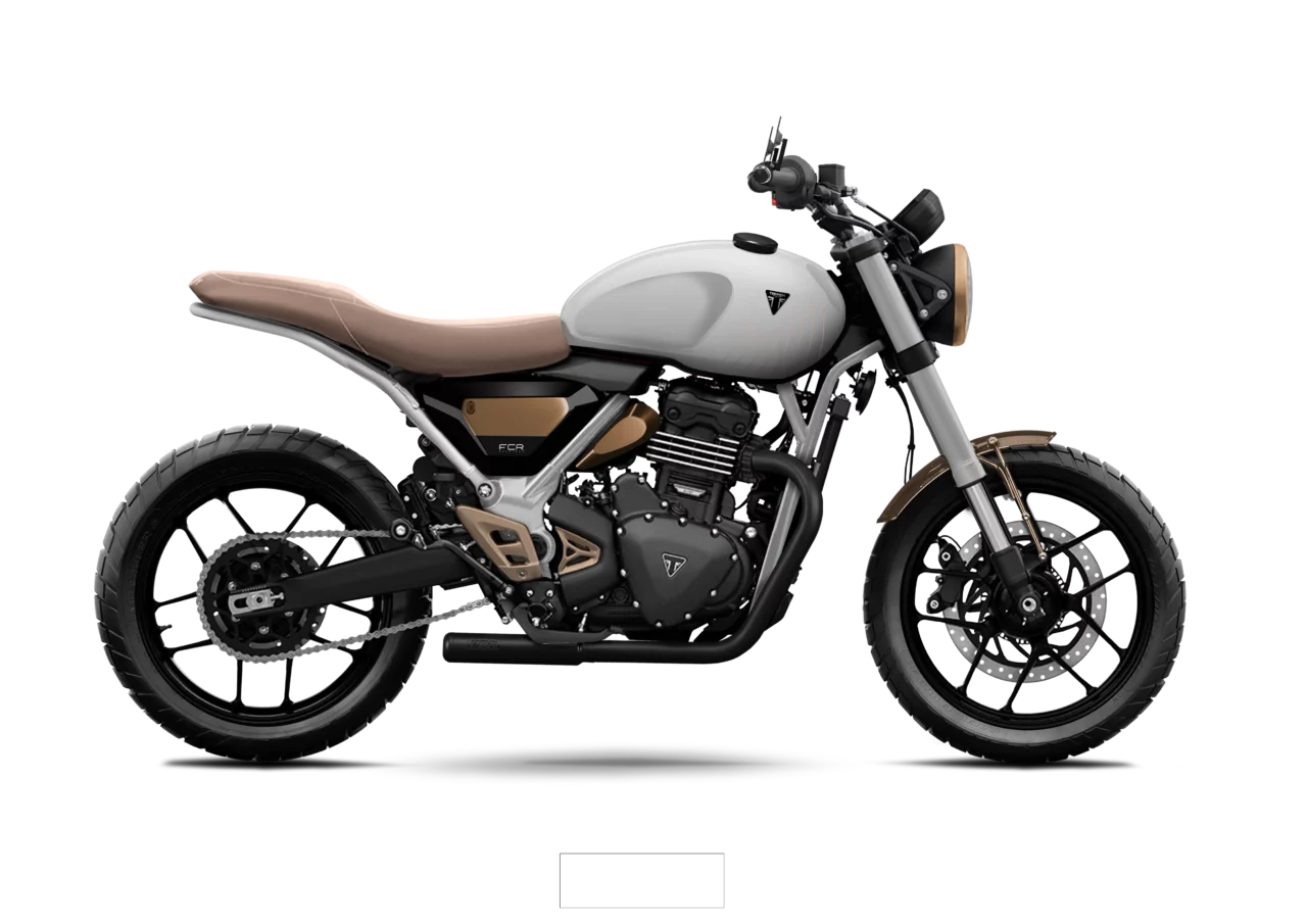 Triumph Speed 400 Pulse FCR Original finition blanc mat avec accents sable et selle marron claire.