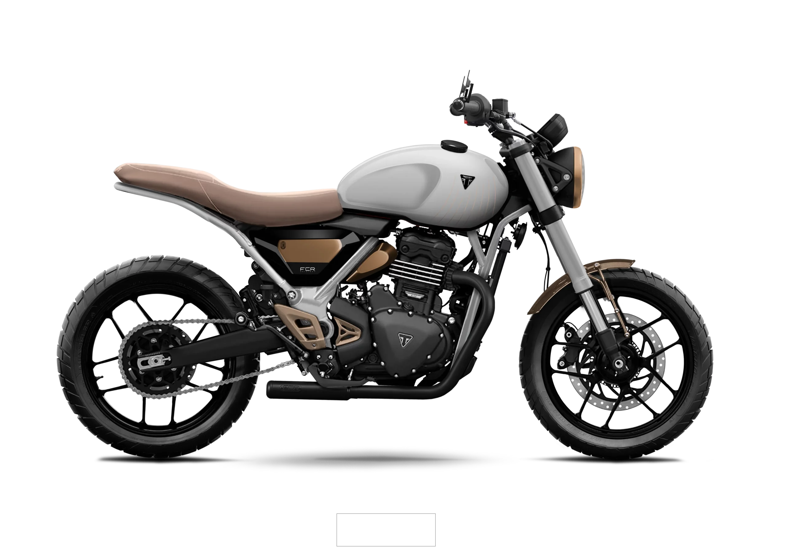 Triumph Speed 400 Pulse FCR Original finition blanc mat avec accents sable et selle marron claire.