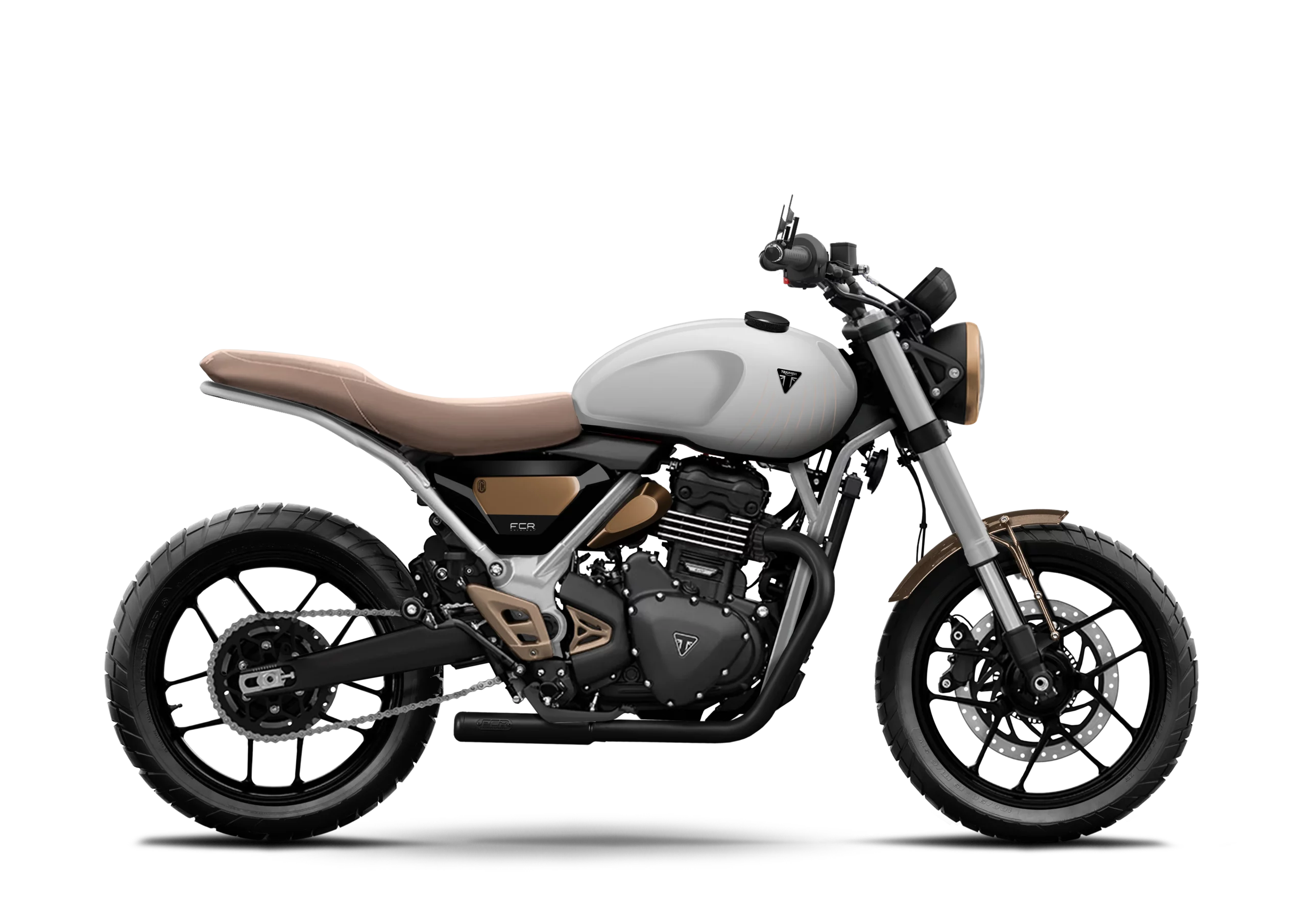 Triumph Speed 400 Pulse FCR Original matte white finish with sand accents and light brown saddle.