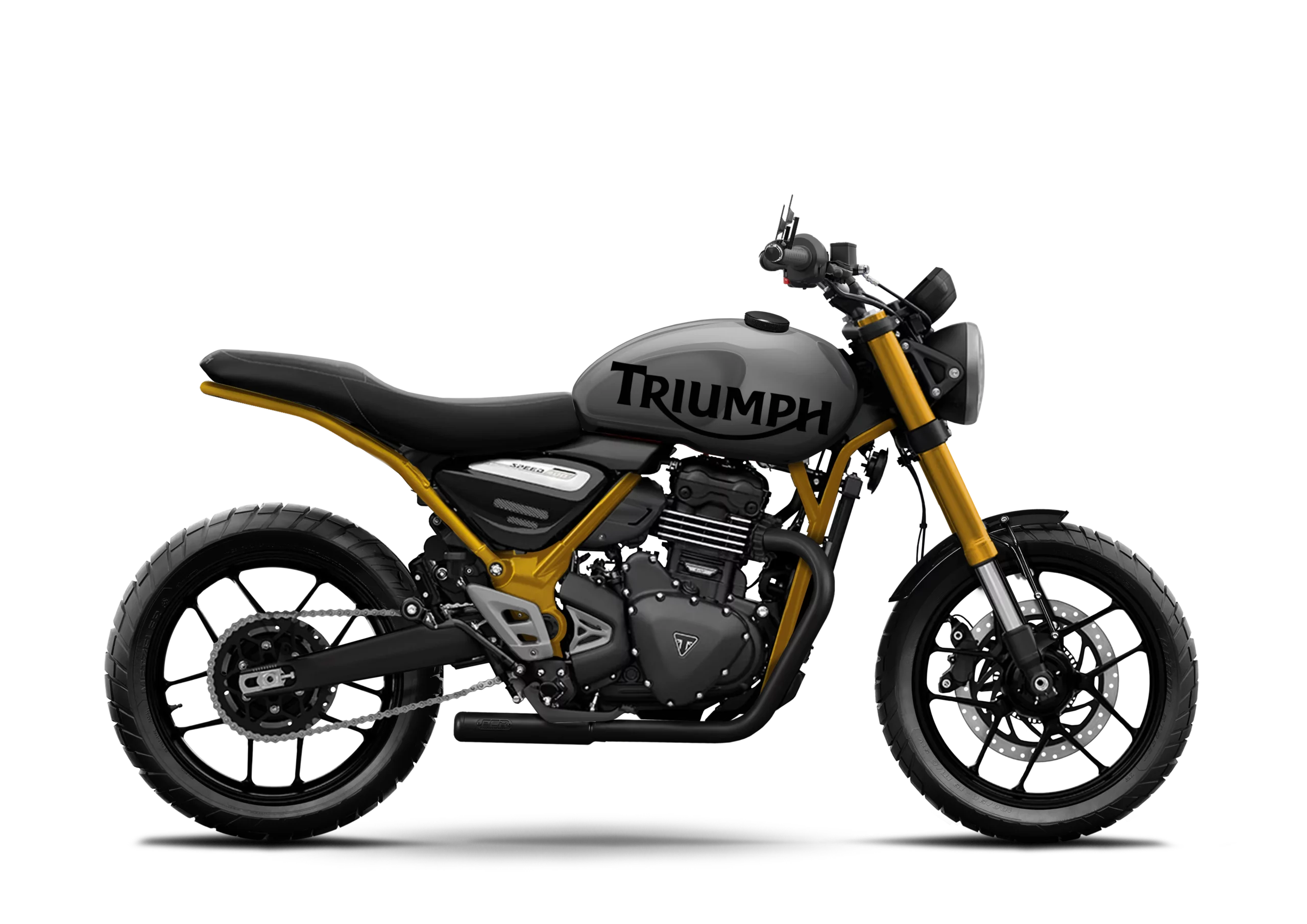 Triumph Speed 400 Pulse FCR Original in full black with bronze details and dark brown seat.