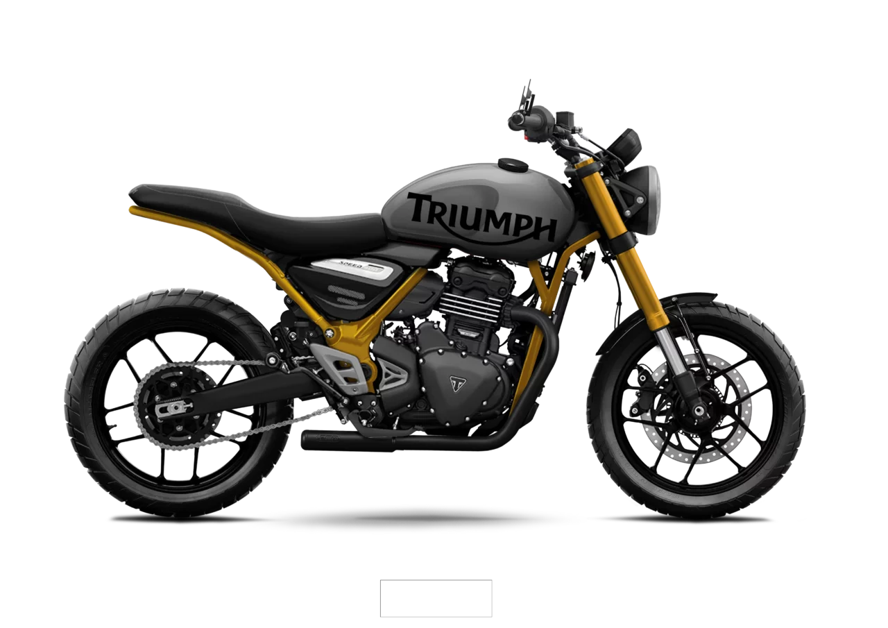 Triumph Speed 400 Pulse préparée par FCR Original avec réservoir gris, cadre jaune or et graphismes Triumph noirs.