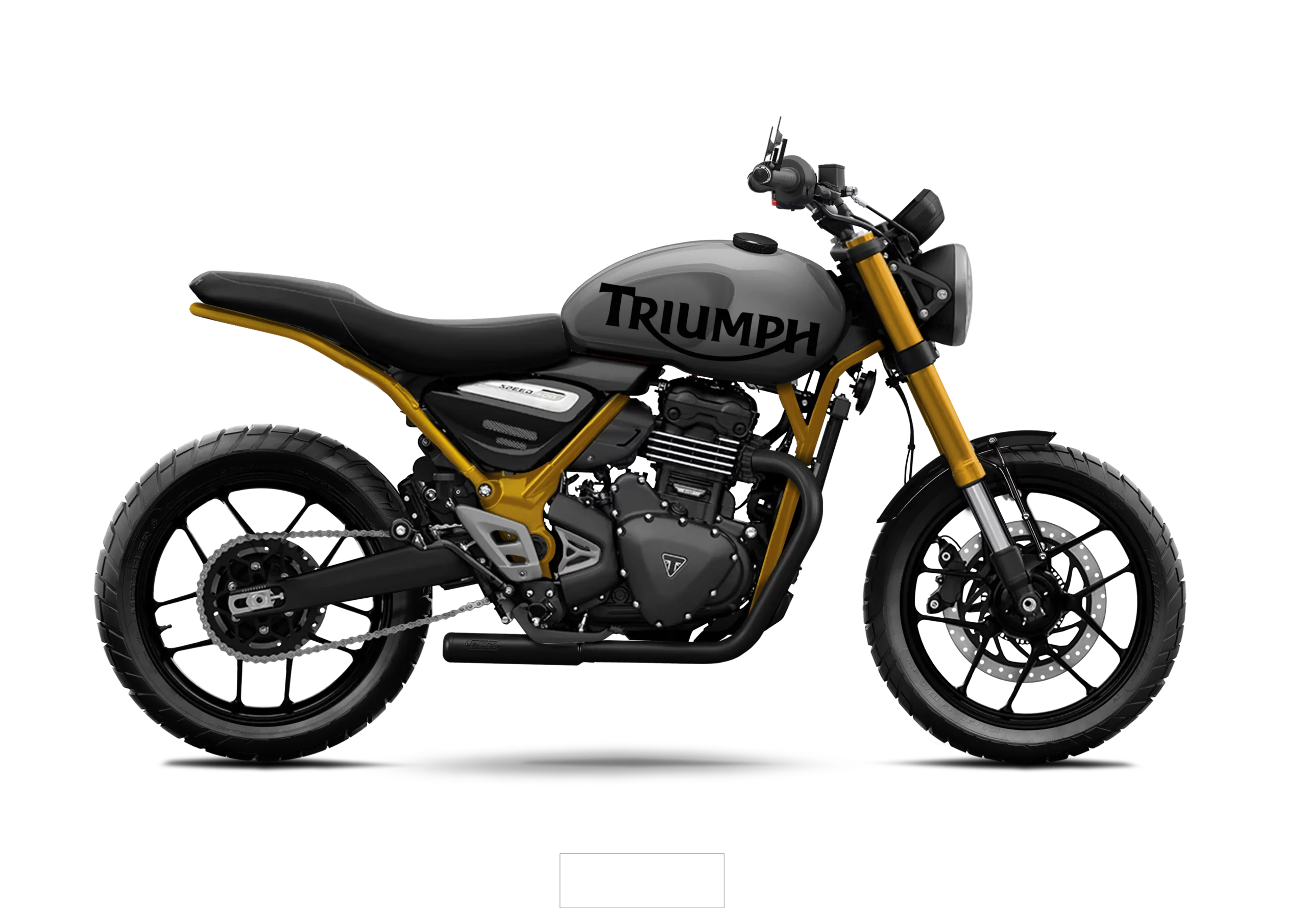 Triumph Speed 400 Pulse préparée par FCR Original avec réservoir gris, cadre jaune or et graphismes Triumph noirs.