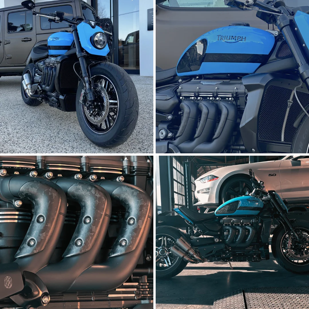 Préparation Triumph Rocket 3 par FCR Original présentée à Rétromobile 2026, montrant une vue globale et des détails de design, matériaux et finitions sur une moto au caractère radical.