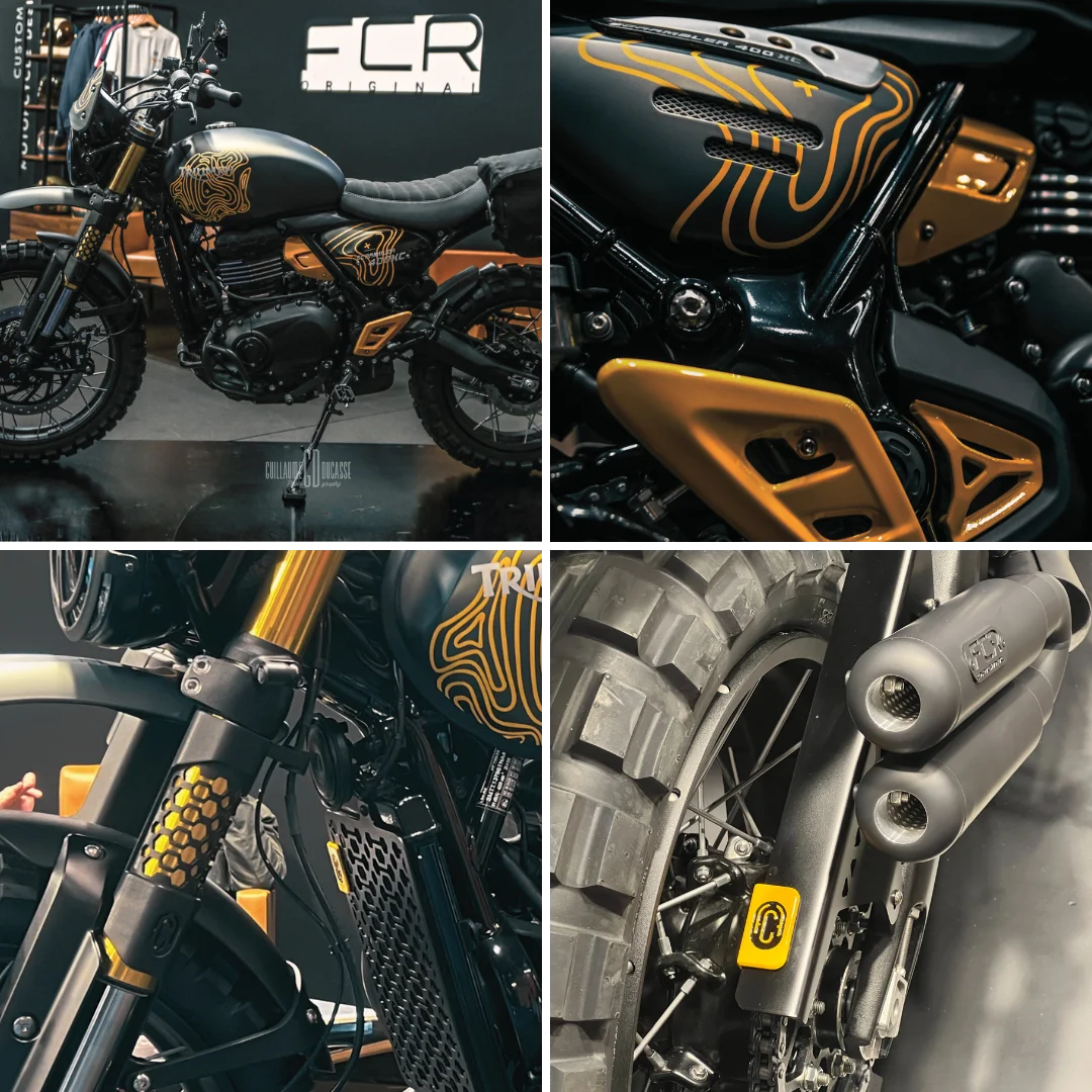 Triumph 400 XC Scrambler préparée par FCR Original, image composite présentant l’interprétation off-road du modèle à travers vues globales et détails de conception.