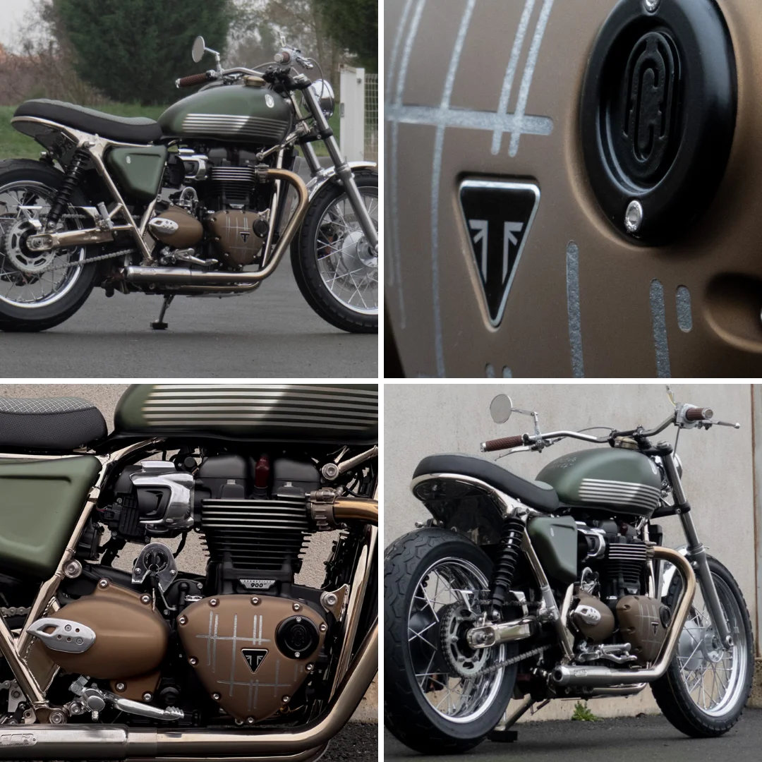Moto Bespoke Speed Twin 900 FCR Original exposée à Rétromobile 2026, image composite illustrant une création one of one à travers vues d’ensemble et détails de finitions artisanales.