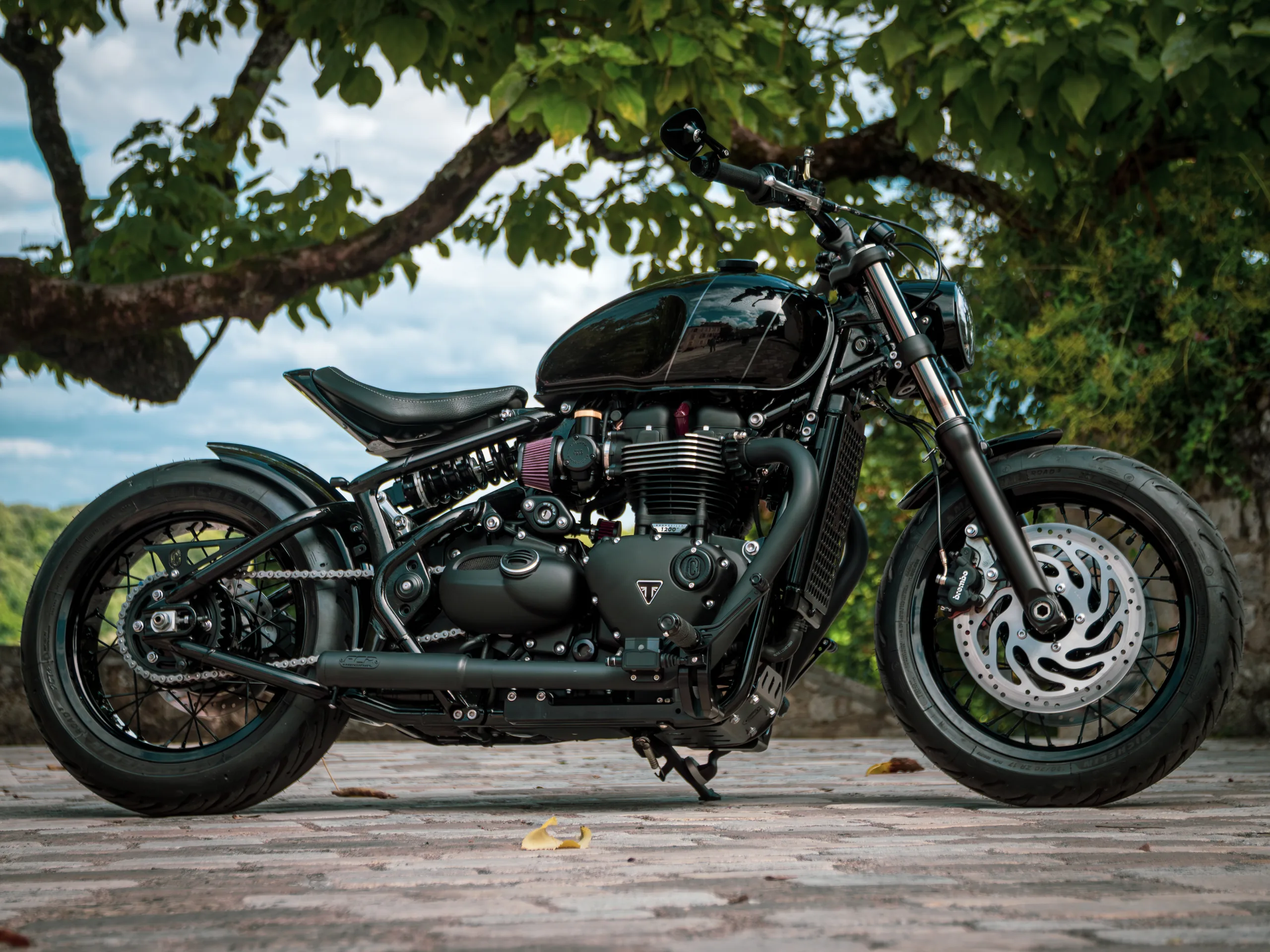 Profil d'un Triumph Bobber FCR Original, silhouette compacte, basse et tendue